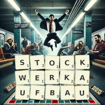 Kreative Illustration für ein Scrabble-Spiel, bei dem das Wort STOCKWERKAUFBAU mit Steinen auf dem Brett gelegt wurde.