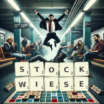 Kreative Illustration für ein Scrabble-Spiel, bei dem das Wort STOCKWIESE mit Steinen auf dem Brett gelegt wurde.