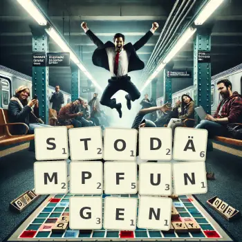 Kreative Illustration für ein Scrabble-Spiel, bei dem das Wort STODÄMPFUNGEN mit Steinen auf dem Brett gelegt wurde.