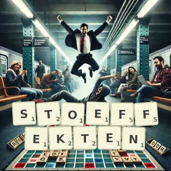 Kreative Illustration für ein Scrabble-Spiel, bei dem das Wort STOEFFEKTEN mit Steinen auf dem Brett gelegt wurde.