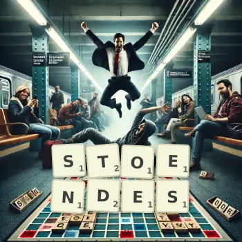 Kreative Illustration für ein Scrabble-Spiel, bei dem das Wort STOENDES mit Steinen auf dem Brett gelegt wurde.