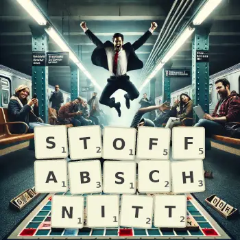 Kreative Illustration für ein Scrabble-Spiel, bei dem das Wort STOFFABSCHNITT mit Steinen auf dem Brett gelegt wurde.