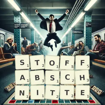 Kreative Illustration für ein Scrabble-Spiel, bei dem das Wort STOFFABSCHNITTE mit Steinen auf dem Brett gelegt wurde.