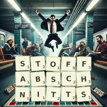 Kreative Illustration für ein Scrabble-Spiel, bei dem das Wort STOFFABSCHNITTS mit Steinen auf dem Brett gelegt wurde.