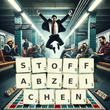 Kreative Illustration für ein Scrabble-Spiel, bei dem das Wort STOFFABZEICHEN mit Steinen auf dem Brett gelegt wurde.