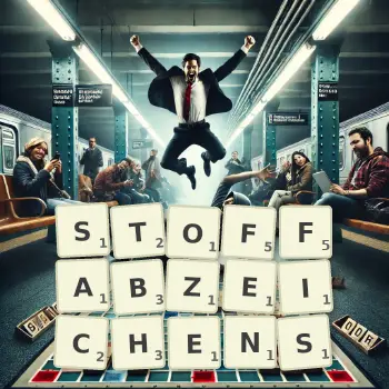 Kreative Illustration für ein Scrabble-Spiel, bei dem das Wort STOFFABZEICHENS mit Steinen auf dem Brett gelegt wurde.
