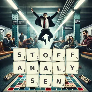 Kreative Illustration für ein Scrabble-Spiel, bei dem das Wort STOFFANALYSEN mit Steinen auf dem Brett gelegt wurde.