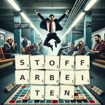 Kreative Illustration für ein Scrabble-Spiel, bei dem das Wort STOFFARBEITEN mit Steinen auf dem Brett gelegt wurde.