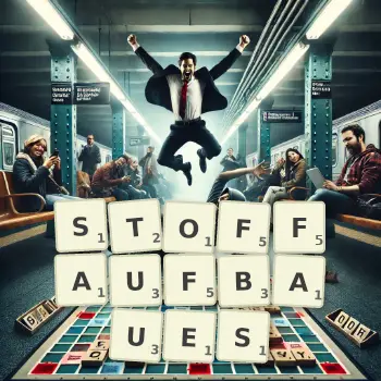 Kreative Illustration für ein Scrabble-Spiel, bei dem das Wort STOFFAUFBAUES mit Steinen auf dem Brett gelegt wurde.