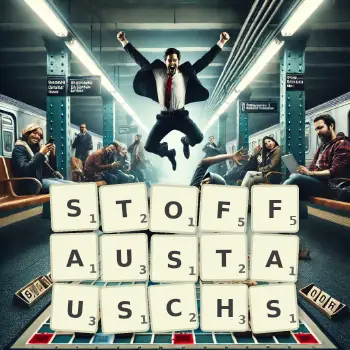 Kreative Illustration für ein Scrabble-Spiel, bei dem das Wort STOFFAUSTAUSCHS mit Steinen auf dem Brett gelegt wurde.
