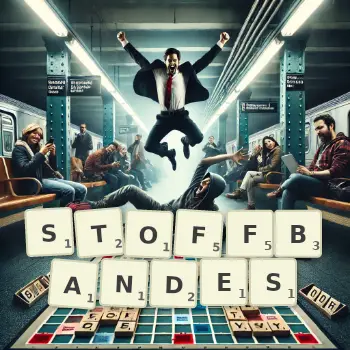 Kreative Illustration für ein Scrabble-Spiel, bei dem das Wort STOFFBANDES mit Steinen auf dem Brett gelegt wurde.