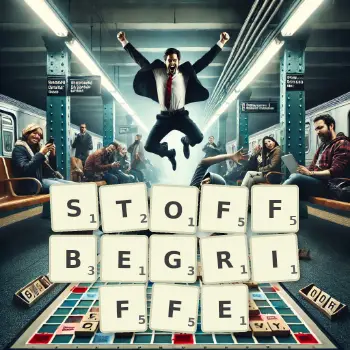 Kreative Illustration für ein Scrabble-Spiel, bei dem das Wort STOFFBEGRIFFE mit Steinen auf dem Brett gelegt wurde.