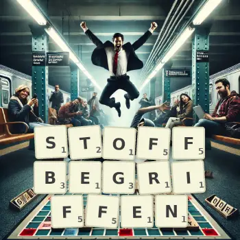 Kreative Illustration für ein Scrabble-Spiel, bei dem das Wort STOFFBEGRIFFEN mit Steinen auf dem Brett gelegt wurde.