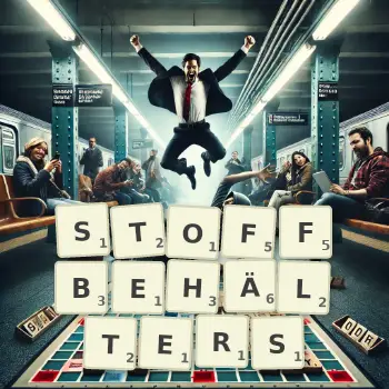Kreative Illustration für ein Scrabble-Spiel, bei dem das Wort STOFFBEHÄLTERS mit Steinen auf dem Brett gelegt wurde.