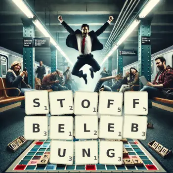 Kreative Illustration für ein Scrabble-Spiel, bei dem das Wort STOFFBELEBUNG mit Steinen auf dem Brett gelegt wurde.