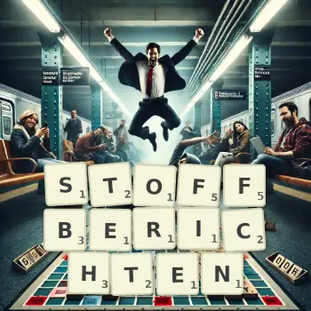 Kreative Illustration für ein Scrabble-Spiel, bei dem das Wort STOFFBERICHTEN mit Steinen auf dem Brett gelegt wurde.