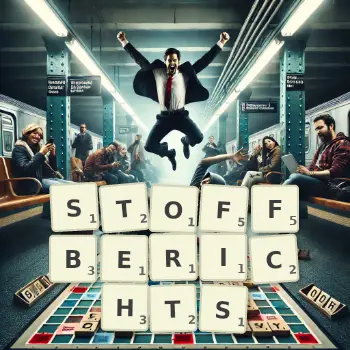 Kreative Illustration für ein Scrabble-Spiel, bei dem das Wort STOFFBERICHTS mit Steinen auf dem Brett gelegt wurde.
