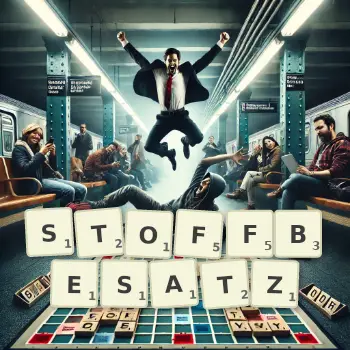 Kreative Illustration für ein Scrabble-Spiel, bei dem das Wort STOFFBESATZ mit Steinen auf dem Brett gelegt wurde.