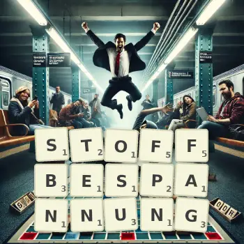 Kreative Illustration für ein Scrabble-Spiel, bei dem das Wort STOFFBESPANNUNG mit Steinen auf dem Brett gelegt wurde.
