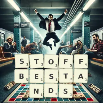 Kreative Illustration für ein Scrabble-Spiel, bei dem das Wort STOFFBESTANDS mit Steinen auf dem Brett gelegt wurde.