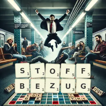 Kreative Illustration für ein Scrabble-Spiel, bei dem das Wort STOFFBEZUG mit Steinen auf dem Brett gelegt wurde.