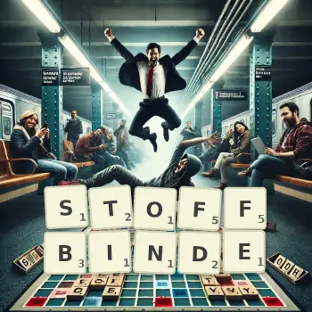 Kreative Illustration für ein Scrabble-Spiel, bei dem das Wort STOFFBINDE mit Steinen auf dem Brett gelegt wurde.