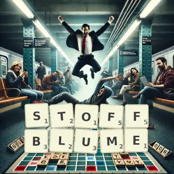 Kreative Illustration für ein Scrabble-Spiel, bei dem das Wort STOFFBLUME mit Steinen auf dem Brett gelegt wurde.