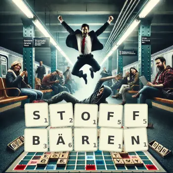 Kreative Illustration für ein Scrabble-Spiel, bei dem das Wort STOFFBÄREN mit Steinen auf dem Brett gelegt wurde.