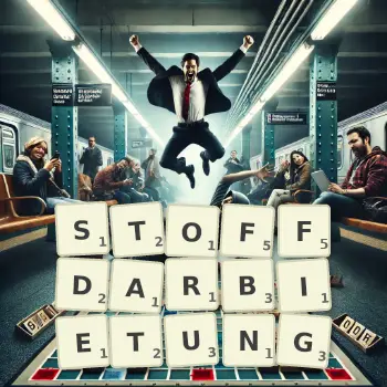 Kreative Illustration für ein Scrabble-Spiel, bei dem das Wort STOFFDARBIETUNG mit Steinen auf dem Brett gelegt wurde.