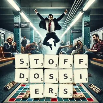 Kreative Illustration für ein Scrabble-Spiel, bei dem das Wort STOFFDOSSIERS mit Steinen auf dem Brett gelegt wurde.