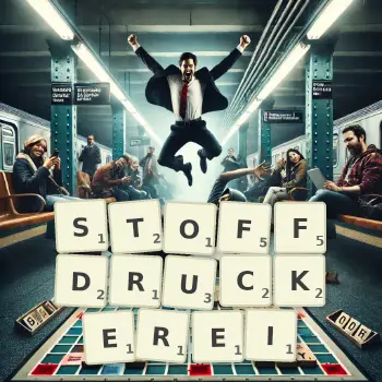 Kreative Illustration für ein Scrabble-Spiel, bei dem das Wort STOFFDRUCKEREI mit Steinen auf dem Brett gelegt wurde.