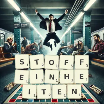 Kreative Illustration für ein Scrabble-Spiel, bei dem das Wort STOFFEINHEITEN mit Steinen auf dem Brett gelegt wurde.