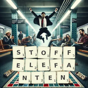 Kreative Illustration für ein Scrabble-Spiel, bei dem das Wort STOFFELEFANTEN mit Steinen auf dem Brett gelegt wurde.