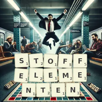 Kreative Illustration für ein Scrabble-Spiel, bei dem das Wort STOFFELEMENTEN mit Steinen auf dem Brett gelegt wurde.
