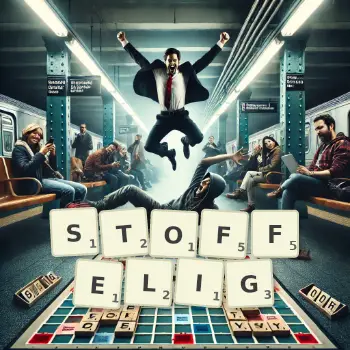 Kreative Illustration für ein Scrabble-Spiel, bei dem das Wort STOFFELIG mit Steinen auf dem Brett gelegt wurde.