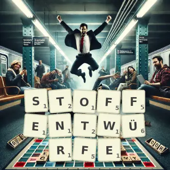 Kreative Illustration für ein Scrabble-Spiel, bei dem das Wort STOFFENTWÜRFE mit Steinen auf dem Brett gelegt wurde.
