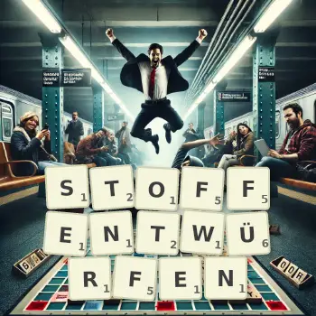 Kreative Illustration für ein Scrabble-Spiel, bei dem das Wort STOFFENTWÜRFEN mit Steinen auf dem Brett gelegt wurde.
