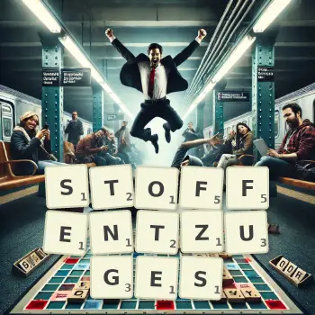Kreative Illustration für ein Scrabble-Spiel, bei dem das Wort STOFFENTZUGES mit Steinen auf dem Brett gelegt wurde.
