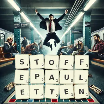 Kreative Illustration für ein Scrabble-Spiel, bei dem das Wort STOFFEPAULETTEN mit Steinen auf dem Brett gelegt wurde.