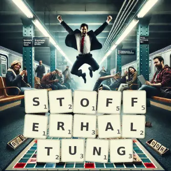 Kreative Illustration für ein Scrabble-Spiel, bei dem das Wort STOFFERHALTUNG mit Steinen auf dem Brett gelegt wurde.