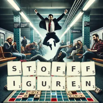Kreative Illustration für ein Scrabble-Spiel, bei dem das Wort STOFFFIGUREN mit Steinen auf dem Brett gelegt wurde.
