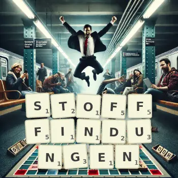 Kreative Illustration für ein Scrabble-Spiel, bei dem das Wort STOFFFINDUNGEN mit Steinen auf dem Brett gelegt wurde.