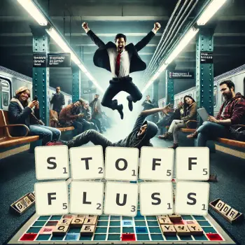 Kreative Illustration für ein Scrabble-Spiel, bei dem das Wort STOFFFLUSS mit Steinen auf dem Brett gelegt wurde.