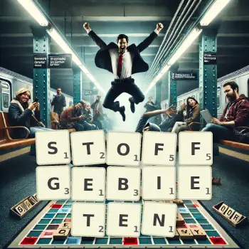 Kreative Illustration für ein Scrabble-Spiel, bei dem das Wort STOFFGEBIETEN mit Steinen auf dem Brett gelegt wurde.