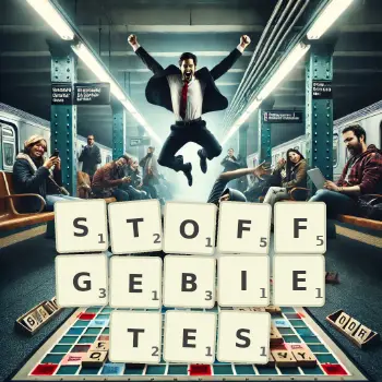 Kreative Illustration für ein Scrabble-Spiel, bei dem das Wort STOFFGEBIETES mit Steinen auf dem Brett gelegt wurde.