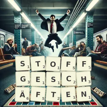 Kreative Illustration für ein Scrabble-Spiel, bei dem das Wort STOFFGESCHÄFTEN mit Steinen auf dem Brett gelegt wurde.