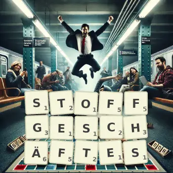 Kreative Illustration für ein Scrabble-Spiel, bei dem das Wort STOFFGESCHÄFTES mit Steinen auf dem Brett gelegt wurde.