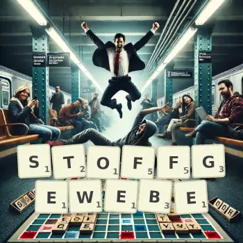 Kreative Illustration für ein Scrabble-Spiel, bei dem das Wort STOFFGEWEBE mit Steinen auf dem Brett gelegt wurde.