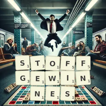 Kreative Illustration für ein Scrabble-Spiel, bei dem das Wort STOFFGEWINNES mit Steinen auf dem Brett gelegt wurde.