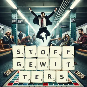 Kreative Illustration für ein Scrabble-Spiel, bei dem das Wort STOFFGEWITTERS mit Steinen auf dem Brett gelegt wurde.
